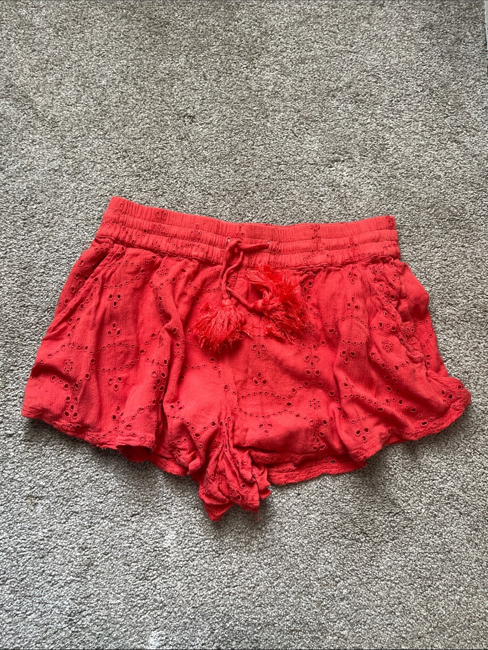 Free People Red Eyelet Tassel Waist Shorts